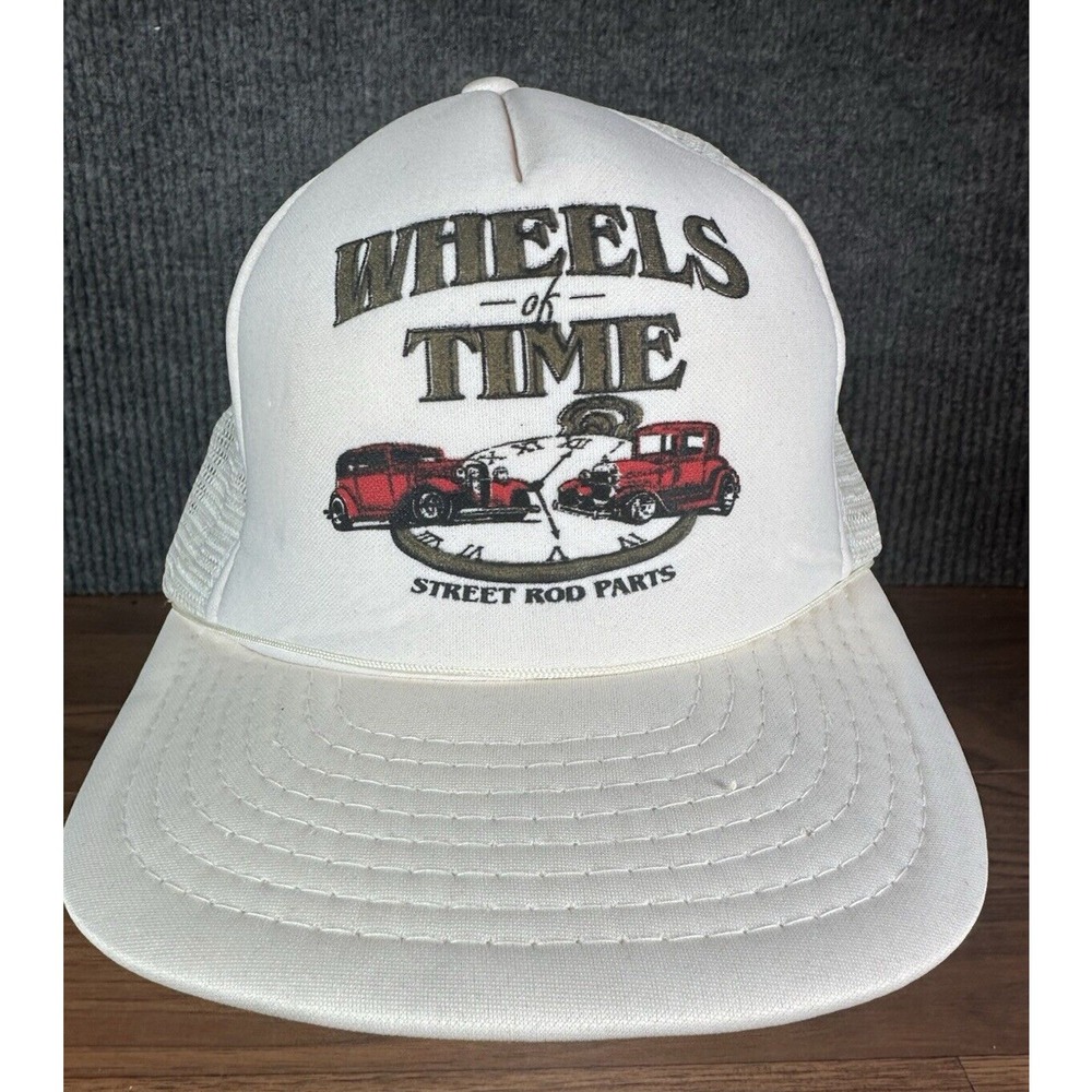 Vintage Wheels Of Time Street Rod Parts Trucker Hat White Snapback Mesh Foam